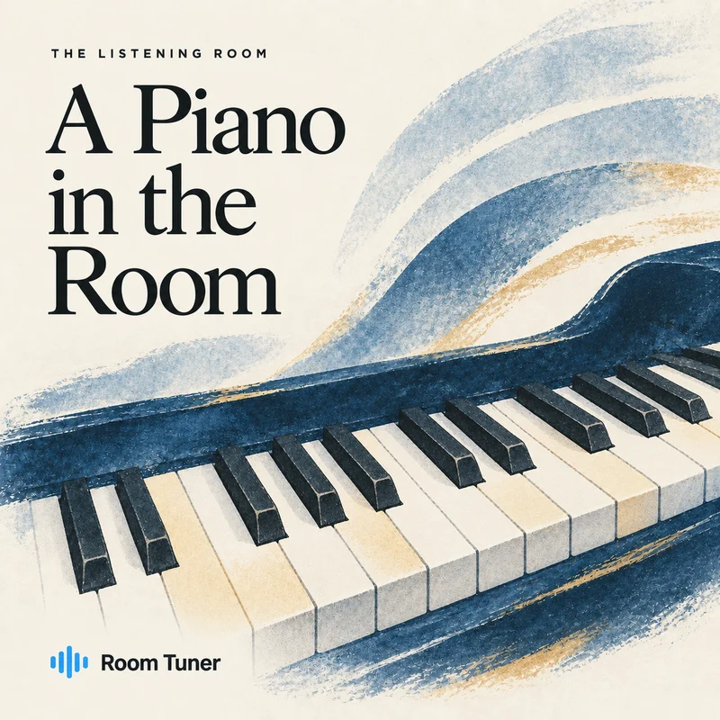 A Piano in the Room playlist cover by Room Tuner, with piano keys and flowing blue artwork.