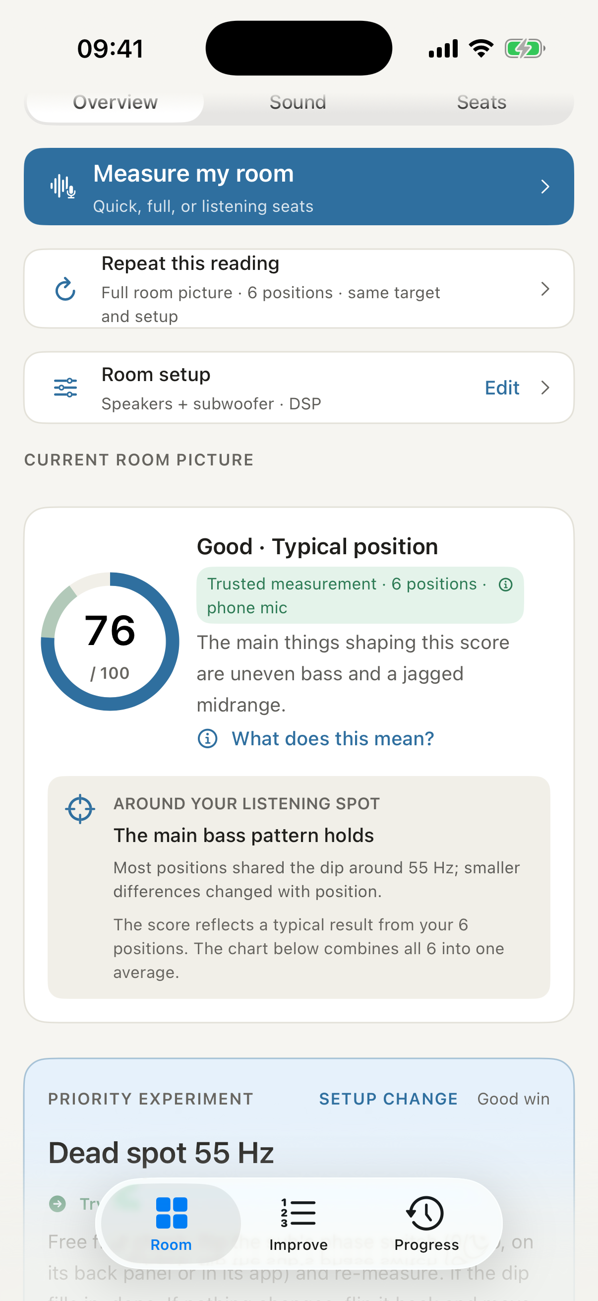 Room Tuner Overview showing a room result and a suggested next experiment